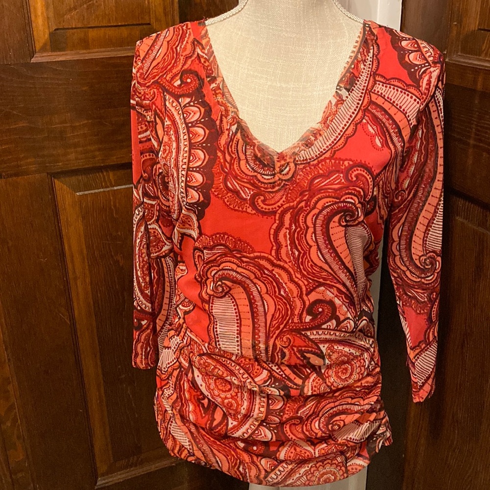 INC V-neck 3/4 sleeve orange and red paisley print blouse. Size Large Petite